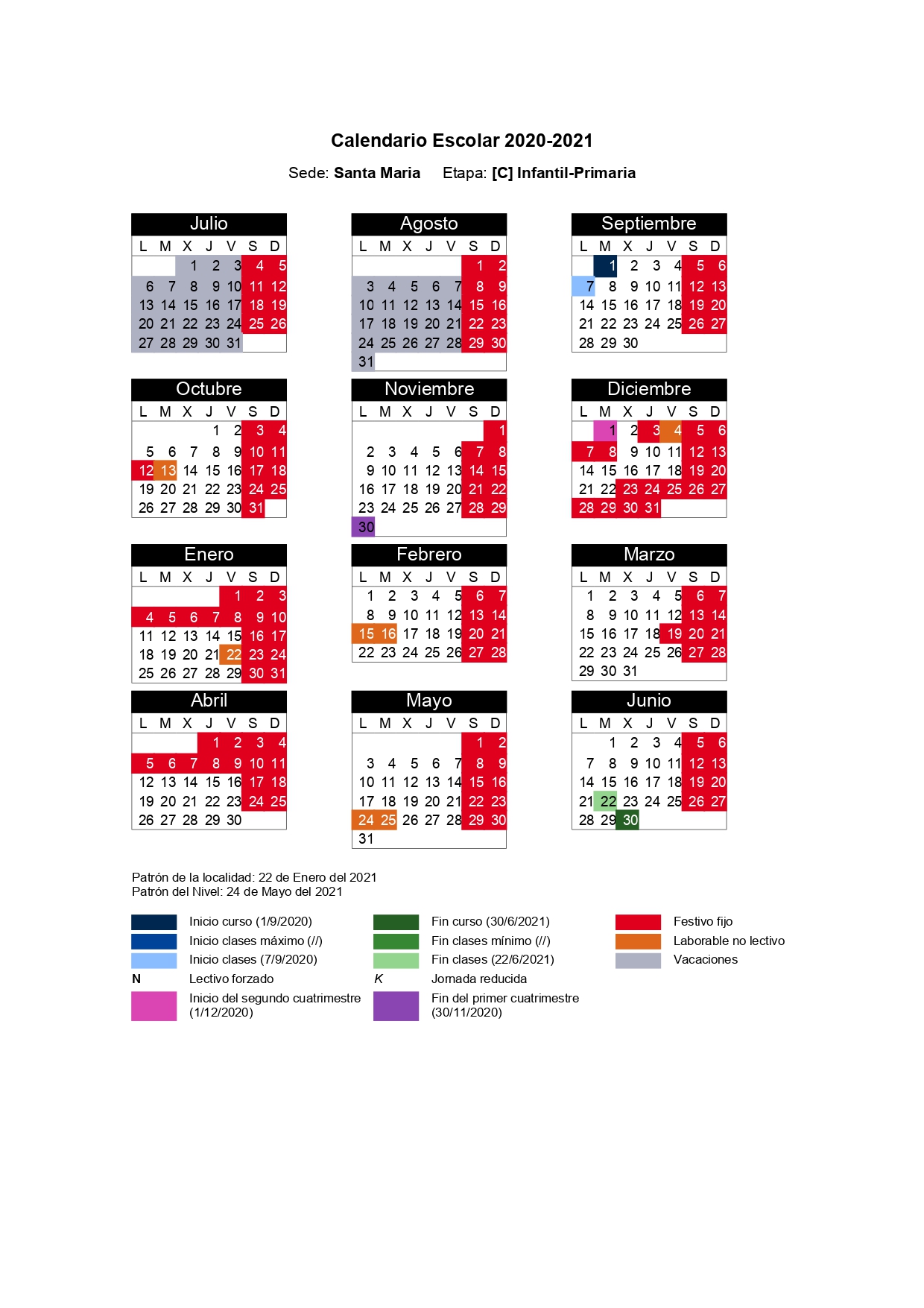 Calendario Escolar 2020 21 Infantil Primaria Eso Cpceip Santa María De Los Arcos 5546